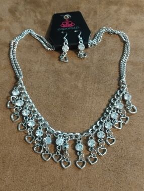 paparazzi Silver Heart Charm & Crystal Fringe Necklace Set
